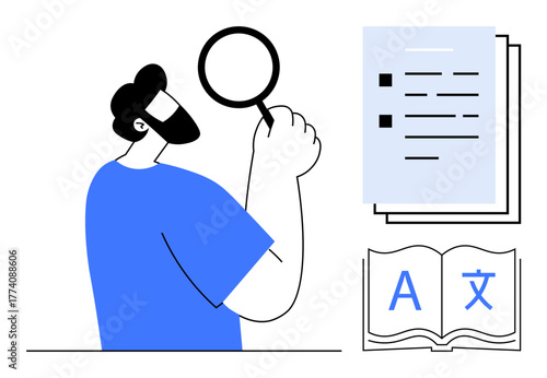 Man examining document with magnifying glass, open translation book, and checklist. Ideal for research, translation, proofreading, analysis, language learning documentation investigation. Simple