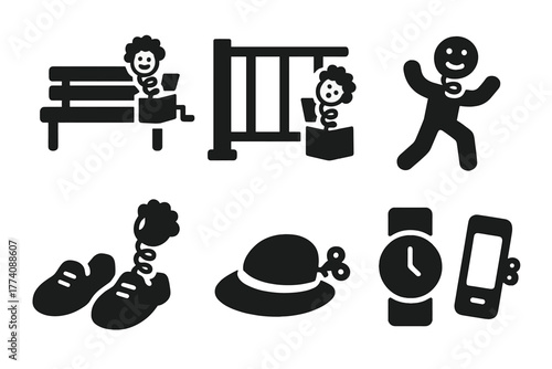 Casual Prank Icons. Solid style icons of Casual Public Pranks: Bench, Railing, Floor, Body Pose, Shoes, Hat, Phone, Watch, No text