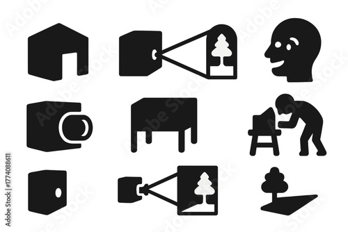Vintage Camera Obscura Icons. Solid style icons of Vintage Camera Obscura: Dark Room, Pinhole, Projected Image, Wonder, Lens,
