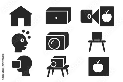 Vintage Camera Obscura Icons. Solid style icons of Vintage Camera Obscura: Dark Room, Pinhole, Projected Image, Wonder, Lens,