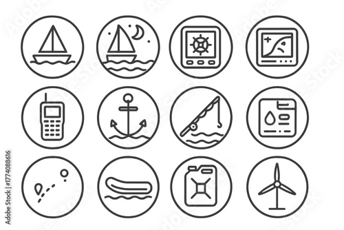 Offshore Cruising Essentials. Line style round vector icons of Offshore Cruising: Open Sea, Night Sailing, Auto Pilot,
