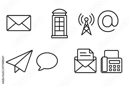 Postal Communication Icons. Line style icons of Postal Communication: Telegram, Phone Booth, Radio Tower, Email Symbol, Fax