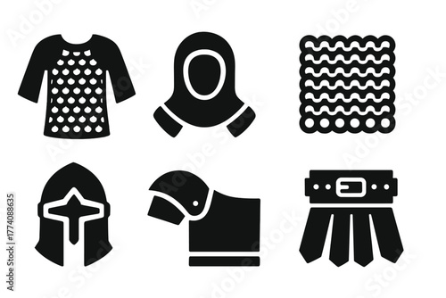 Historical Armor Icons. Solid style icons of Historical Armor: Knight’s Hauberk, Chain Coif, Gauntlet, Riveted Mail, Battle Helm,