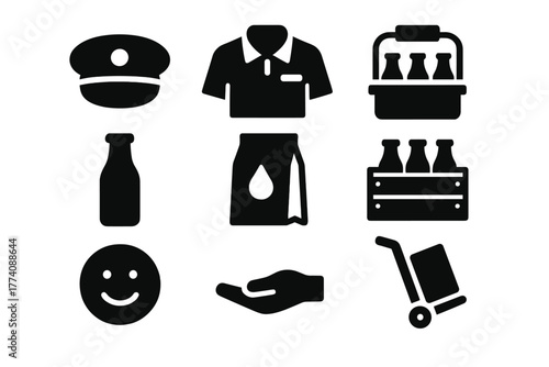 Milkman Essentials Icons. Solid style icons of Milkman Essentials: Cap, Uniform, Carrier, Bottle, Bag, Crate, Smile, Handcart, No