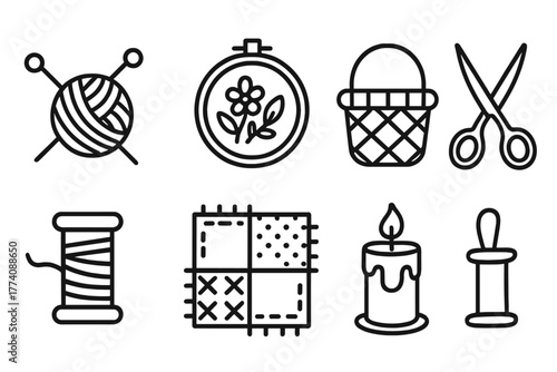 Handcraft Line Icons. Line style icons of Handcrafts: knitting needles, yarn ball, embroidery hoop, basket, scissors, spool of