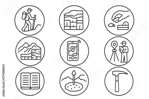 Geological Field Study Icons. Line style icons of geological field study in round shape: hiking geologist, rock sketch, sample