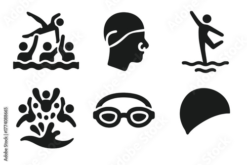 Team Swimming Icons. Solid style icons of Team Swimming Art: Underwater Lift, Nose Clip, Deck Routine, Formation, Goggles, Swim