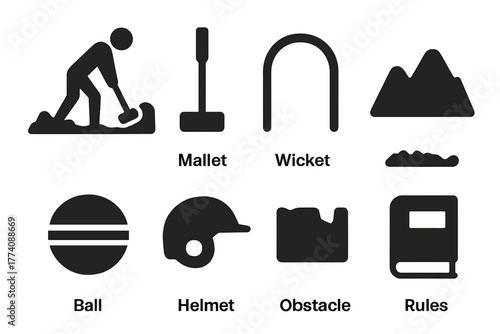 Extreme Croquet Icons. Solid style icons of Offbeat Sports: Extreme Croquet, Mallet, Wicket, Rough Terrain, Ball, Helmet, Obstacle