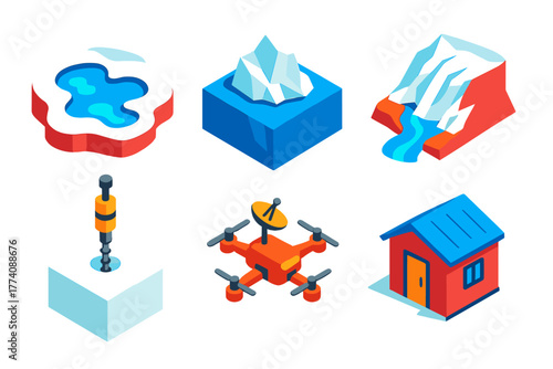 Cryosphere Study Icons. Isometric vector illustration set Cryospheric Study: Meltwater, Iceberg, Melting Glacier, Core Drill,