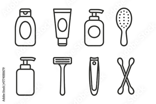 Hygiene Essentials Icons. Line style icons of Hygiene: Shampoo Bottle, Toothpaste, Hand Soap, Hairbrush, Lotion Pump, Razor, Nail