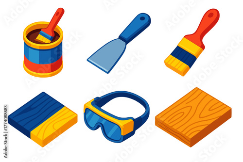 Restoration Tools Icons. Isometric vector illustration set Restoration: Varnish, Paint Scraper, Brush, Original Surface, Safety