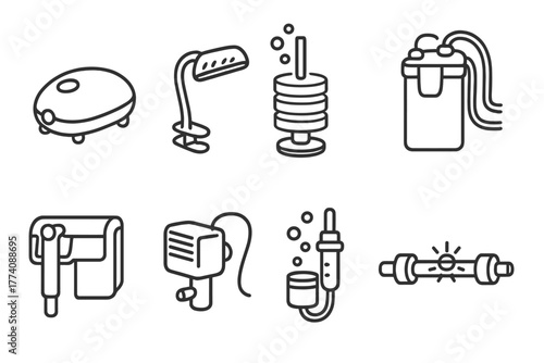 Tank Equipment Icons. Line style icons of Tank equipment: air pump, light fixture, sponge filter, canister filter, hang-on-back