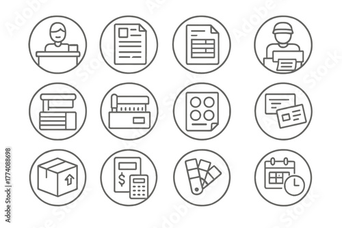 Print Shop Icons. Line style round vector icons of Print Shop: Front Desk, Job Ticket, Order Form, Print Operator; Stack Cutter,