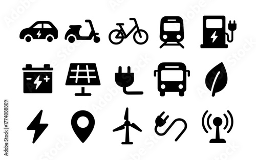 Eco-friendly transportation and energy icon set for sustainable living