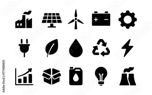 Eco-friendly icons: renewable energy and sustainability symbols in silhouette style