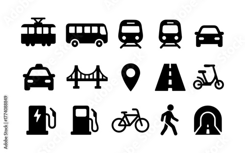 Transportation icon set featuring urban commuting symbols in black silhouette style