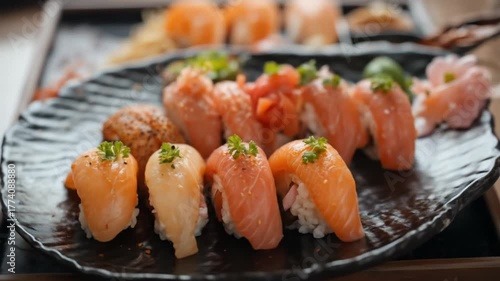 Fresh sushi on black plate. 4k video