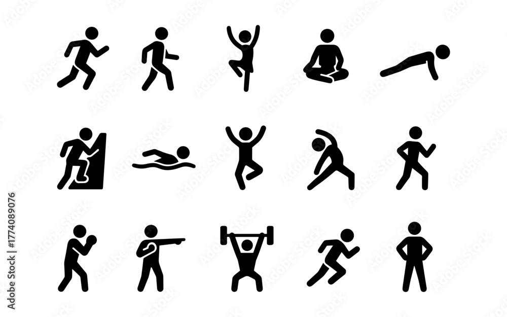 Naklejka premium Dynamic set of silhouette fitness icons for active lifestyle design