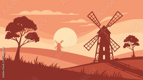 Sunset Windmill Landscape Vector