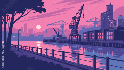 Vibrant Sunset at the Industrial Port with Cranes and City Skyline Vector