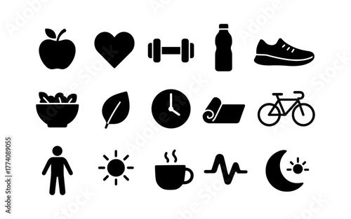 Fitness and wellness icon set: healthy living silhouettes
