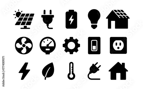 Black and white energy icons: solar panel, plug, battery, light bulb, eco house
