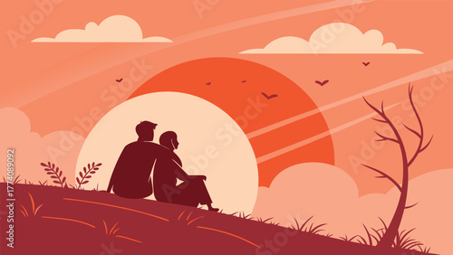 Romantic Sunset View Couple Embracing Nature's Beauty Vector
