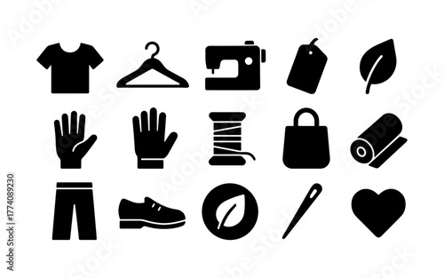 Sewing and fashion icons set in simple silhouette style for design projects