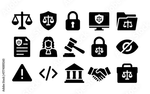 Law and justice icons set with balance, gavel, and security elements