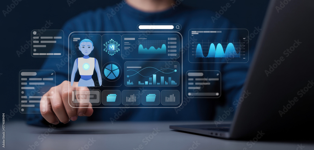 Fototapeta premium AI agent and generative artificial intelligence concept. Businessman using AI agents on screen including chatbots, AI assistants, and data analytics tools on a laptop. LLM, Ai agentic workflows. ML.