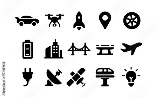Transportation and technology icon set featuring cars, drones, and rockets