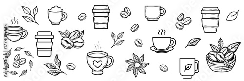 Minimalist hand drawn line art set of coffee and tea elements. Includes cups, beans, mugs, and leaves. Perfect for cafe logos, packaging, menu, and branding design.
