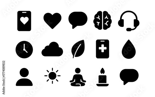 Essential icon set featuring health, wellness, and communication symbols in flat silhouette style