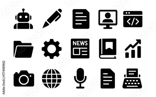 Silhouette icons set featuring technology, communication, and office essentials