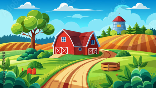 Very beautiful scenic view of a red farm beside a country road, surrounded by lush green fields under a bright blue sky, capturing the peaceful charm of rural farmland.