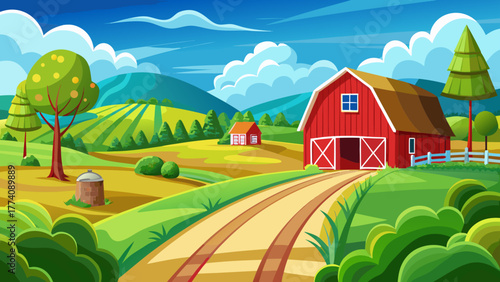 Very beautiful scenic view of a red farm beside a country road, surrounded by lush green fields under a bright blue sky, capturing the peaceful charm of rural farmland.