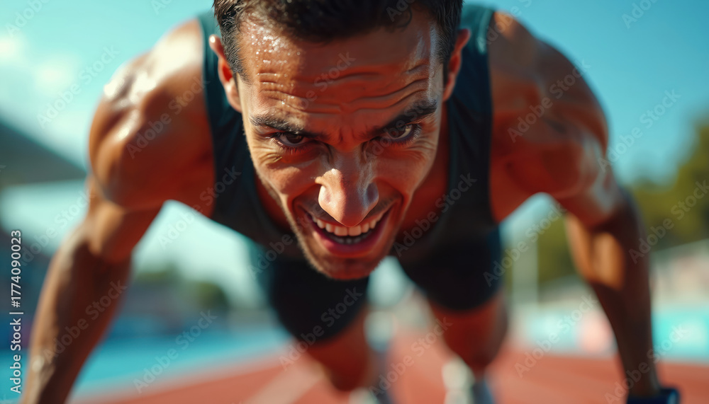 Fototapeta premium Close up of determined man runs at stadium during marathon sport event. Sweaty face of athlete during intense workout. Muscular strong body. Hard cardio endurance training.