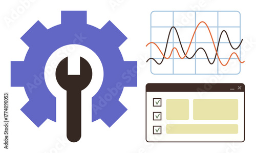 Gear and wrench imply technical work, chart shows data analysis, and checklist represents task management. Ideal for productivity, analytics, workflow, planning, engineering, strategy collaboration