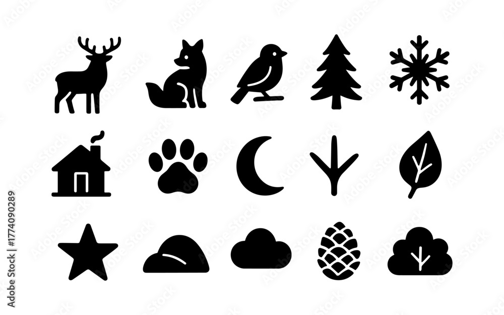 Naklejka premium Nature and wildlife icons set: silhouettes of animals, trees, and more