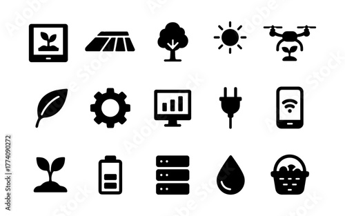 Modern agriculture technology icons set: smart farming and sustainability