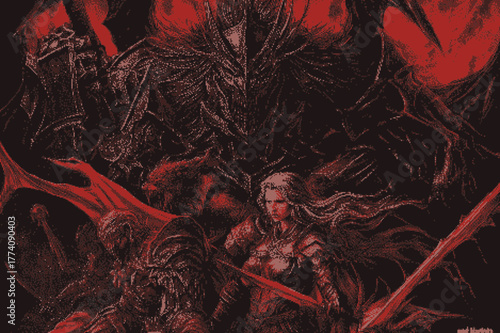 Dark fantasy artwork depicting armored figures in a battle setting with a crimson color palette