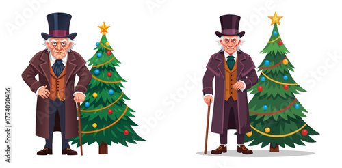 Scrooge with a Christmas tree in festive attire and expressions, transparent background, isolated, vector, set  