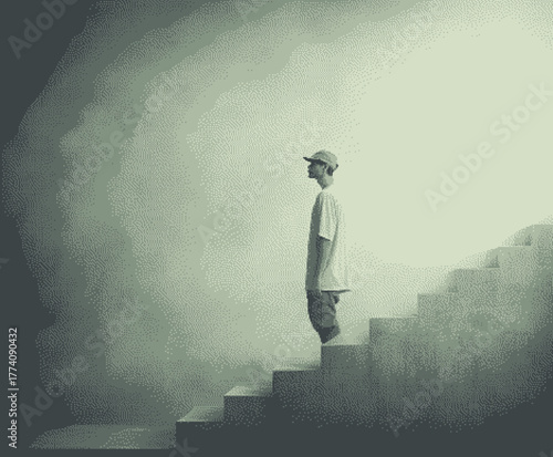 A minimalist figure standing on ascending stairs in a foggy environment