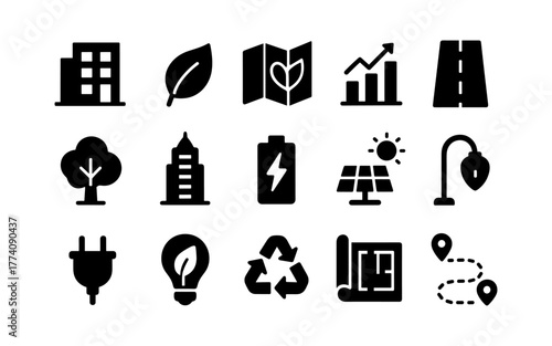 Eco-friendly urban icons: sustainable energy and city planning symbols