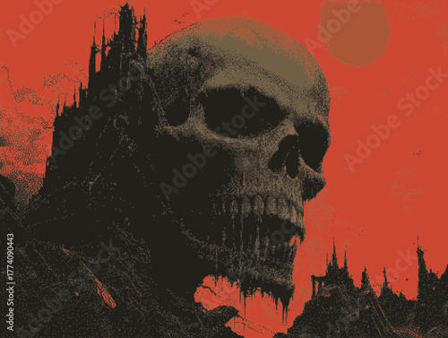 Dark surreal illustration featuring a skull against an orange background