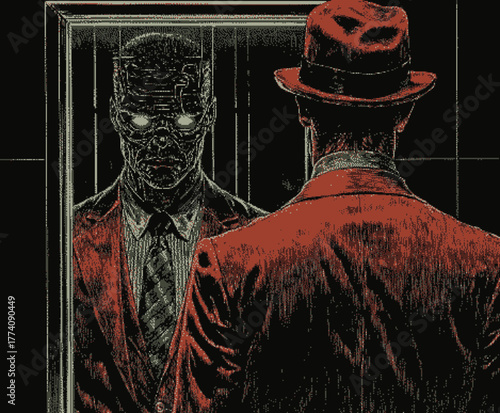 A man in a red suit gazes into a mirror reflecting a robotic version of himself