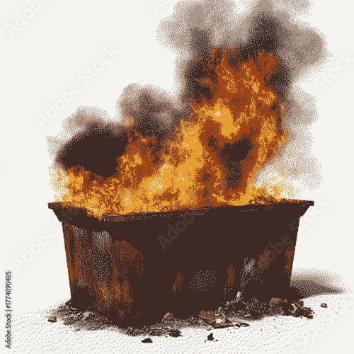 Burning dumpster emitting smoke in a gritty urban environment