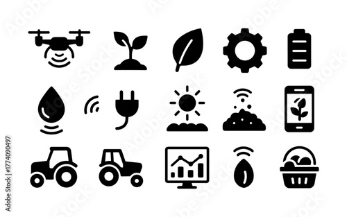 Agriculture and technology icons set in flat style: eco-friendly farming innovations