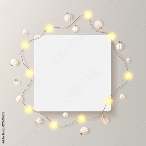 Square photo frame 3d render on light bg. White picture flat lay mock up, festive decor of star light bulbs and ornate balls. Realistic festoon on painting gallery, empty border shadow, copy space.