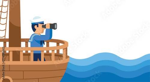 Sailor eagerly searches the horizon with binoculars from the ship's deck, sailing the ocean on a nautical adventure for new discoveries